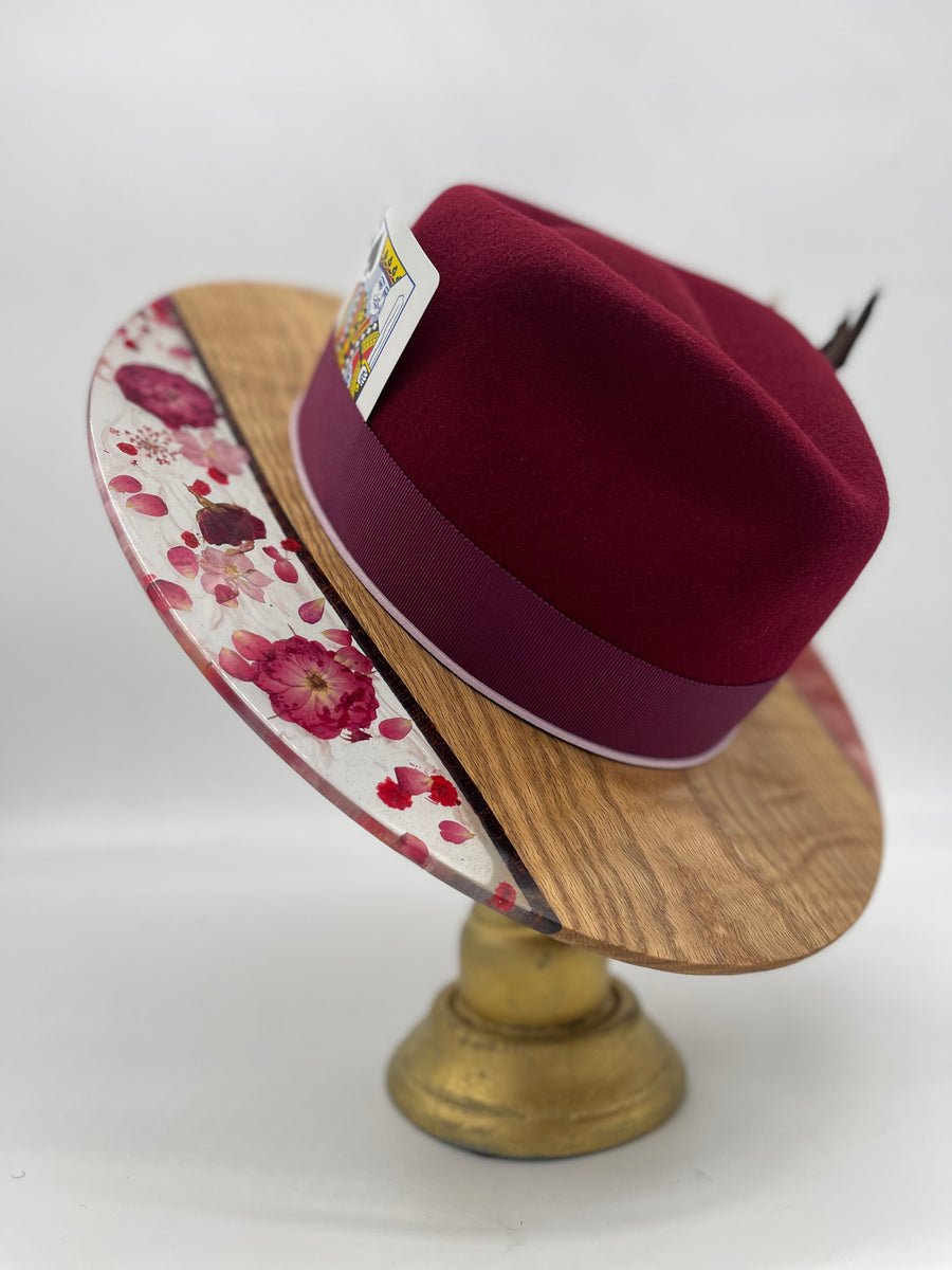 BURGUNDY FLORAL WOOD BRIM FEDORA – The Dapper Renaissance display picture 1