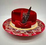 READY TO SHIP LARGE RED MANDALA WOOD BRIM FEDORA