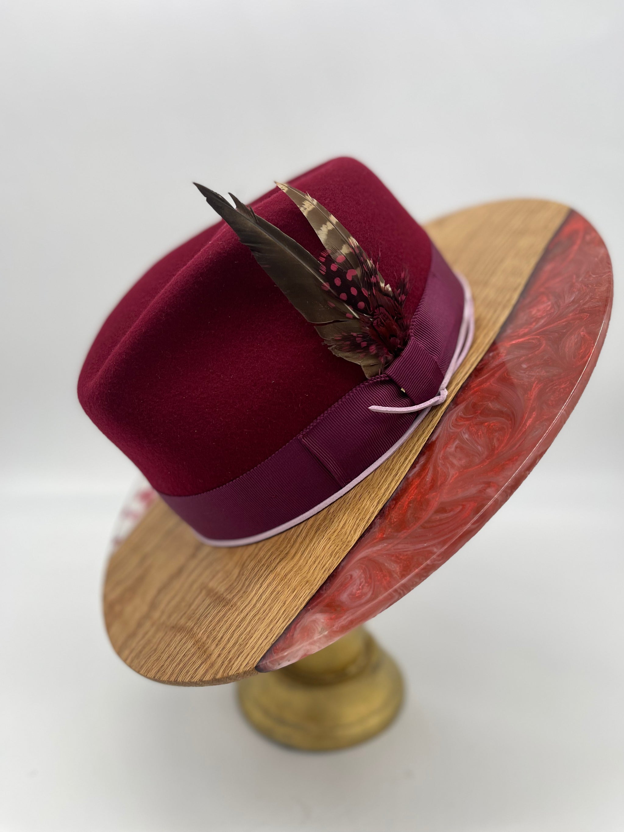 Red Sequin Wide Brim Fedora‎ Dress Hat Feather Floral Accent One Size BURGUNDY FLORAL WOOD BRIM FEDORA – The Dapper Renaissance main image 2